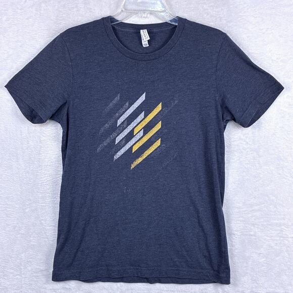 VTG Y2K Mens Navy Blue Abstract Geometric Art Graphic Design Modern Rave Shirt - Picture 2 of 6